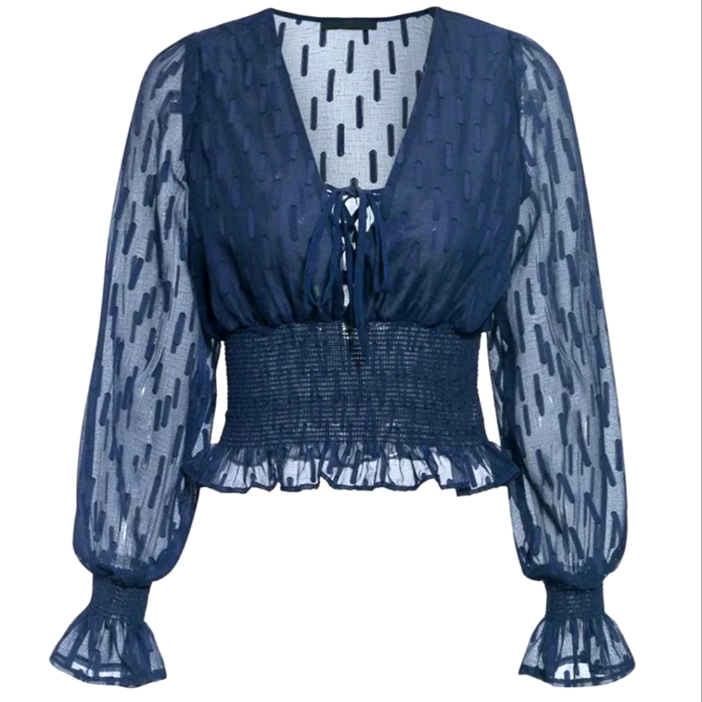RIHOAS Navy Sheer Smocked Waist Long Sleeve Blouse